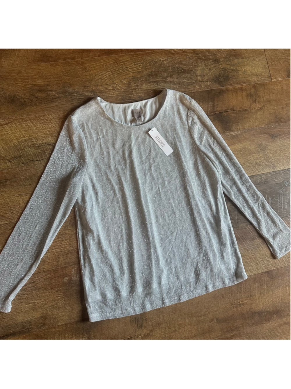 Women's Chico's Silver Shimmer Long Sleeve Tee Top Size 2